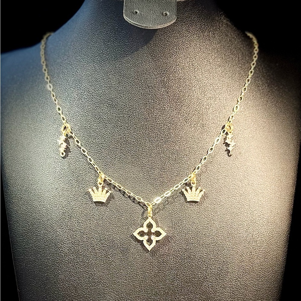 Gold Charm Pendant Necklace with Crown and Clover Accents